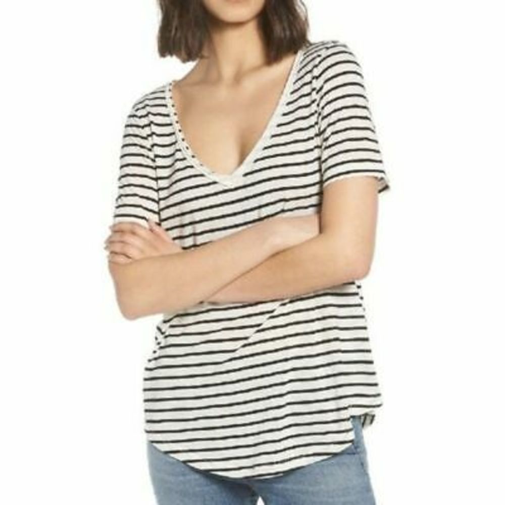 NWT BP White/Black Strip Raw Edge Scoop Neck Tee